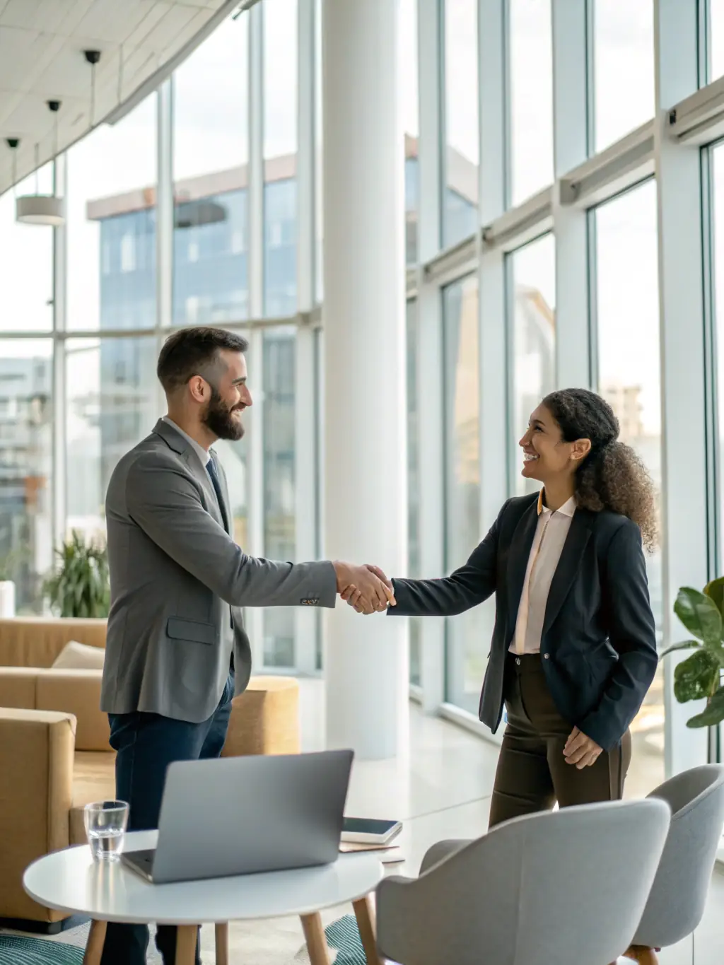 A business leader is shaking hands with a client, symbolizing a trustworthy partnership built on ethical business practices and transparent financial dealings.