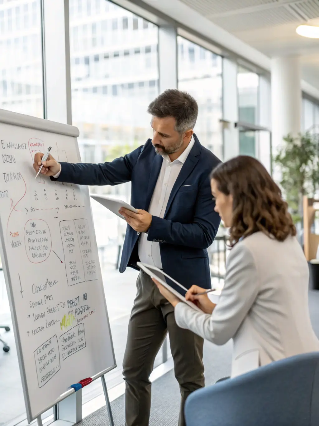 A professional coach is guiding a client through a complex ethical dilemma, using a whiteboard with key ethical principles outlined. The setting is a modern office with financial charts visible in the background.