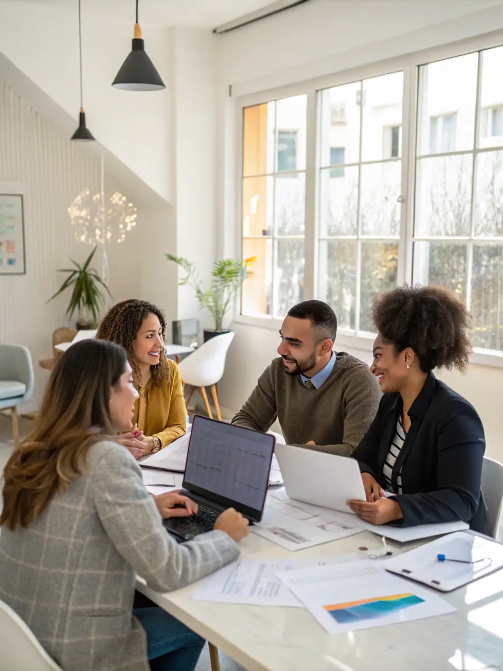 A diverse team of professionals is engaged in a lively discussion about ethical considerations in financial planning, with laptops and documents spread across the table.