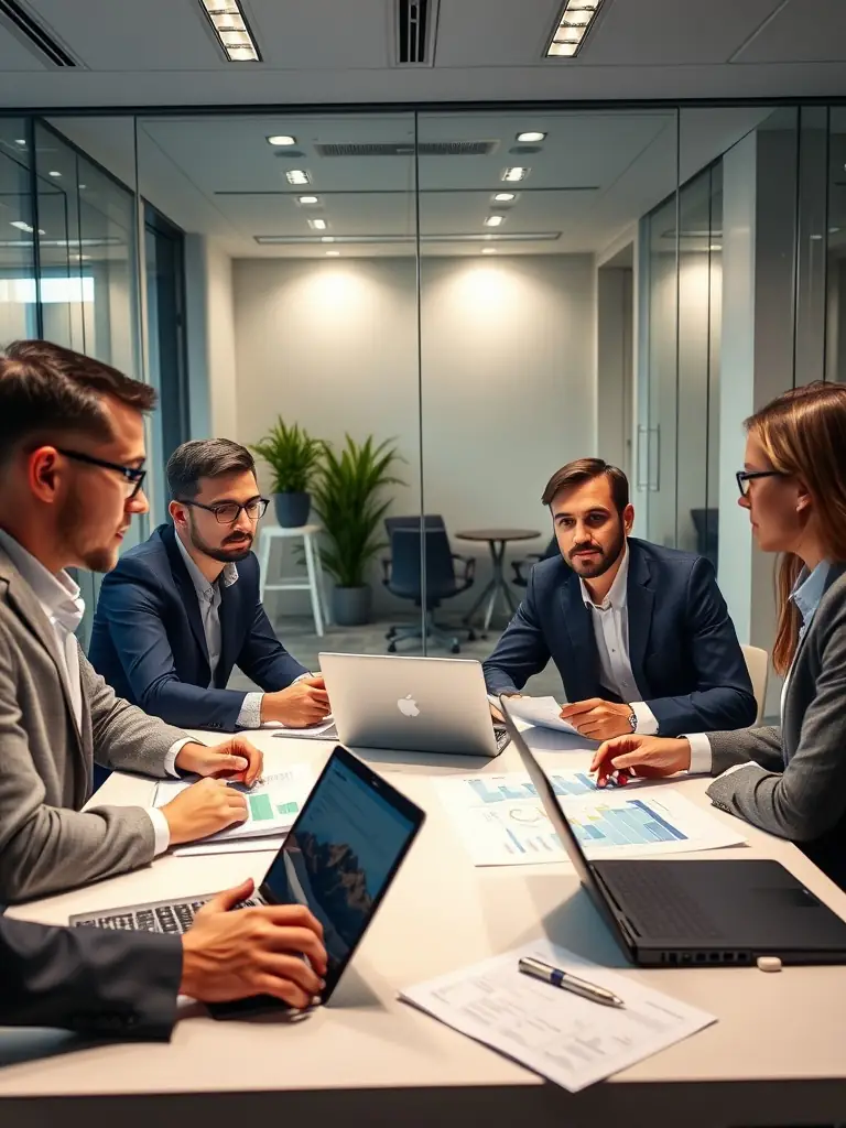 A diverse team of professionals collaborating around a table, reviewing financial documents and engaging in a thoughtful discussion about ethical investment strategies.
