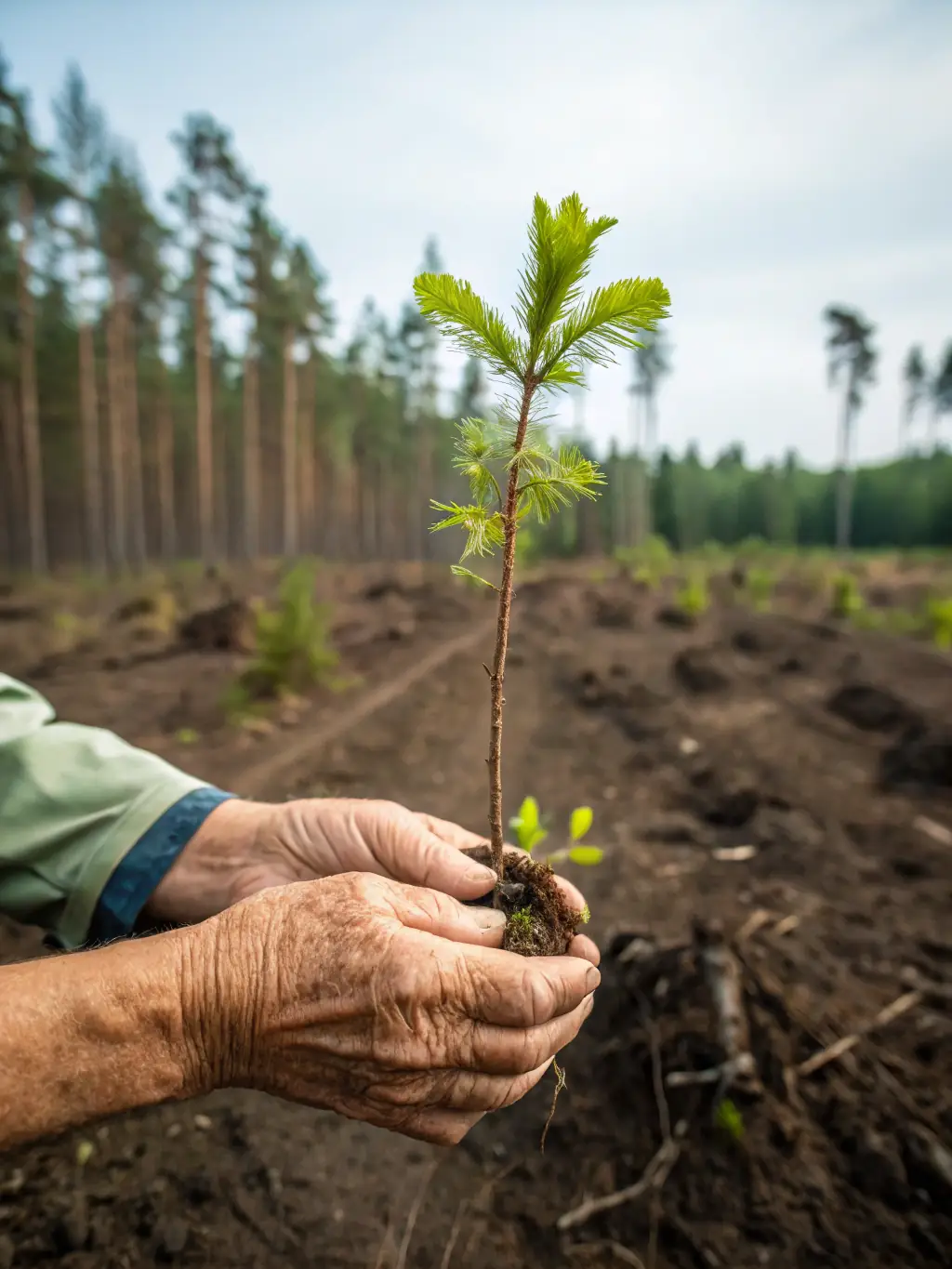 A close-up shot of a hand holding a seedling, symbolizing growth and sustainability, with a blurred background of a thriving business environment.